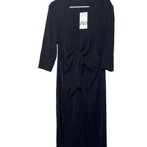 Zara Black Tie-Front V-Neck Midi Dress - Size S - NWT